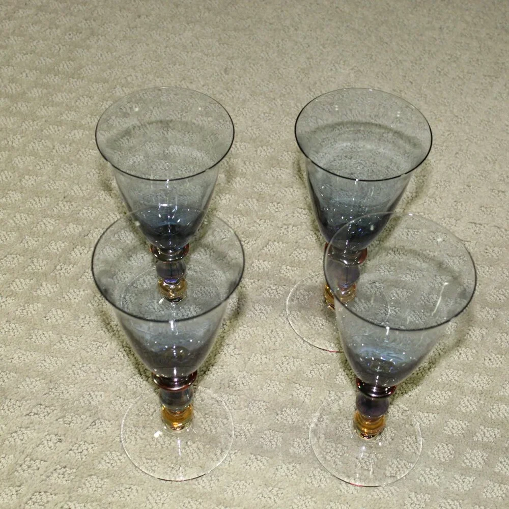 Set of 4 Mikasa Estate Slate Blue Amber Wine Water Tea 8 in Goblets